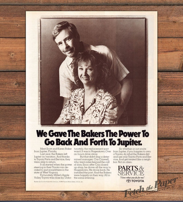 Toyota Parts & Service Scott & Karen Baker Jupiter Florida Print Ad 1993 1990s