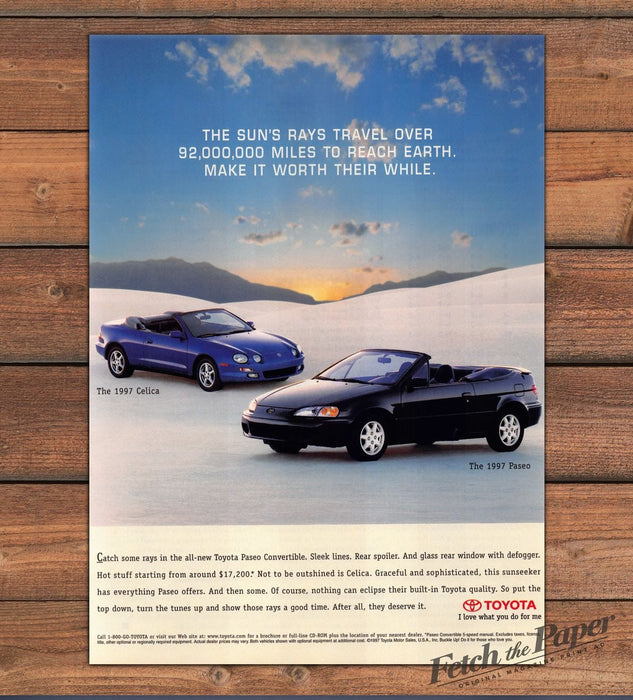 Toyota Paseo Celica Convertible Cars White Sand Dunes Sunset Print Ad 1997 1990s