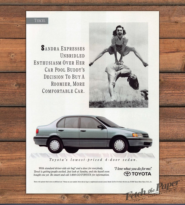 Toyota Tercel Sandra Leapfrog Car Pool Buddy 4-Door Sedan Print Ad 1993 1990s
