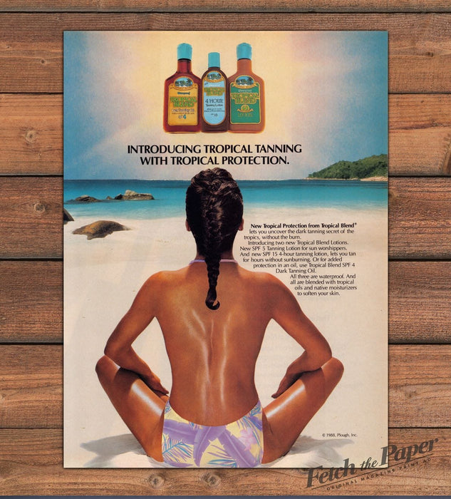 Tropical Blend Dark Tanning on Beach 1980s Print Advertisement Ad 1988 Bare Back