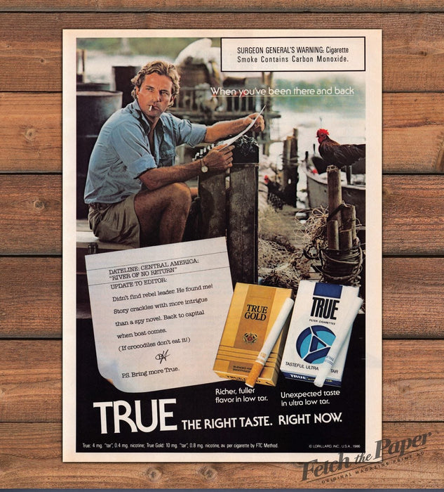 True Cigarettes Journalist Typewriter Rooster Dock Print Ad 1987 1980s