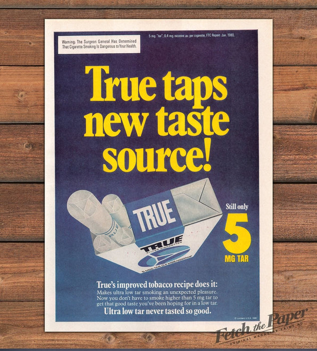 True Cigarettes Ultra Low Tar Filter Cigarette Pack Blue Print Ad 1980 1980s
