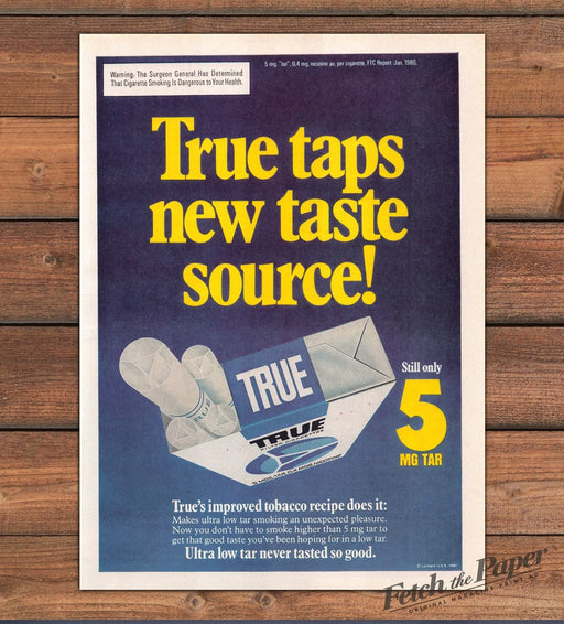 True Cigarettes Ultra Low Tar Filter Cigarette Pack Blue Print Ad 1980 1980s