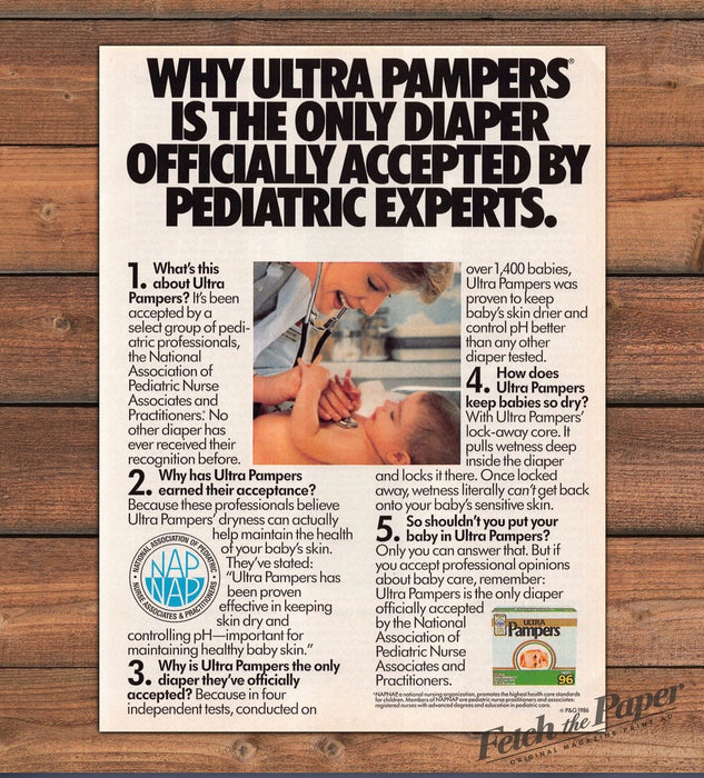 Ultra Pampers Diapers Pediatric Nurse Baby Exam Print Ad 1986 1980s
