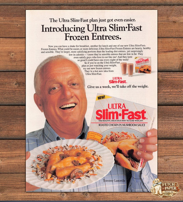 Ultra Slim-Fast Frozen Entrees Tommy Lasorda Roasted Chicken Print Ad 1991 1990s
