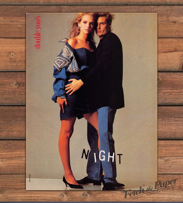 Uma Thurman Night Out Denim Dress Studded Jacket Magazine Photo 1987 1980s