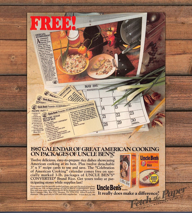 Uncle Ben’s Rice 1987 Calendar Pecan Rice Recipe Print Ad 1986 1980s