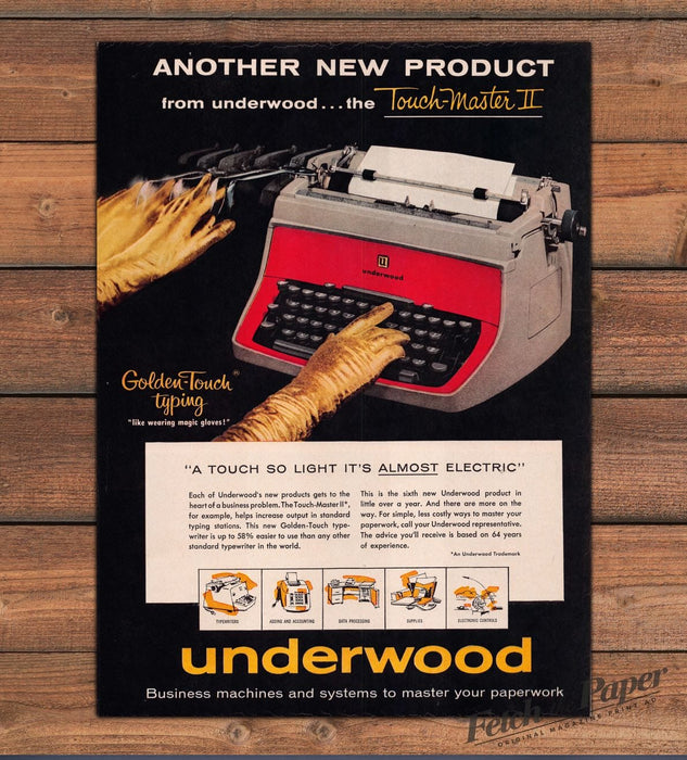 Underwood Touch-Master II Typewriter Golden Touch Gloves Print Ad 1959 1950s