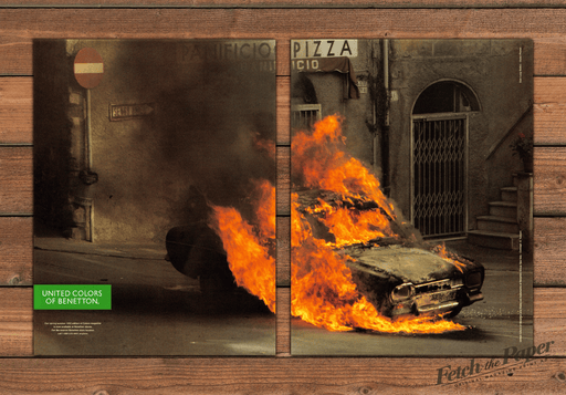 United Colors of Benetton Burning Car Provocative Print Ad 1992 1990s (2pgs)