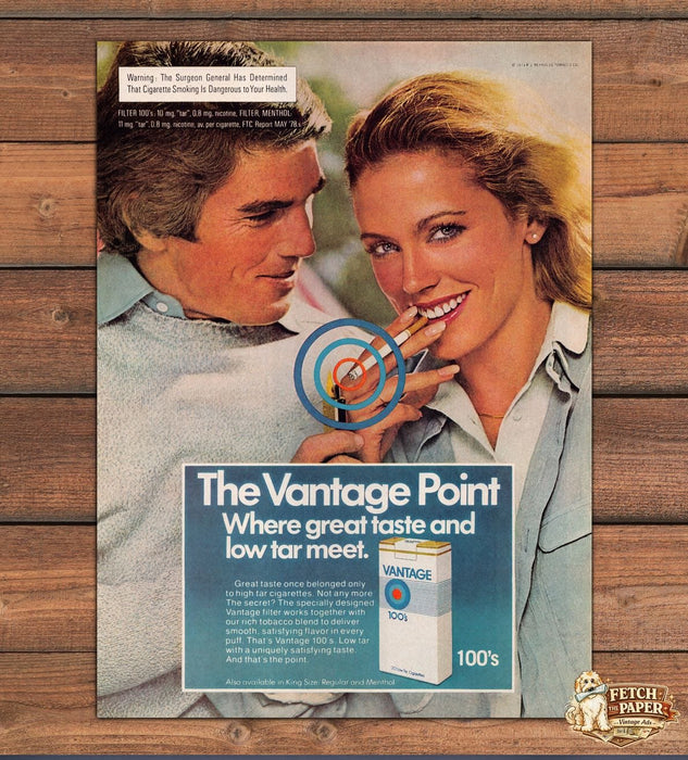 Vantage 100s Cigarettes Couple Lighting Target Low Tar Print Ad 1979 1970s