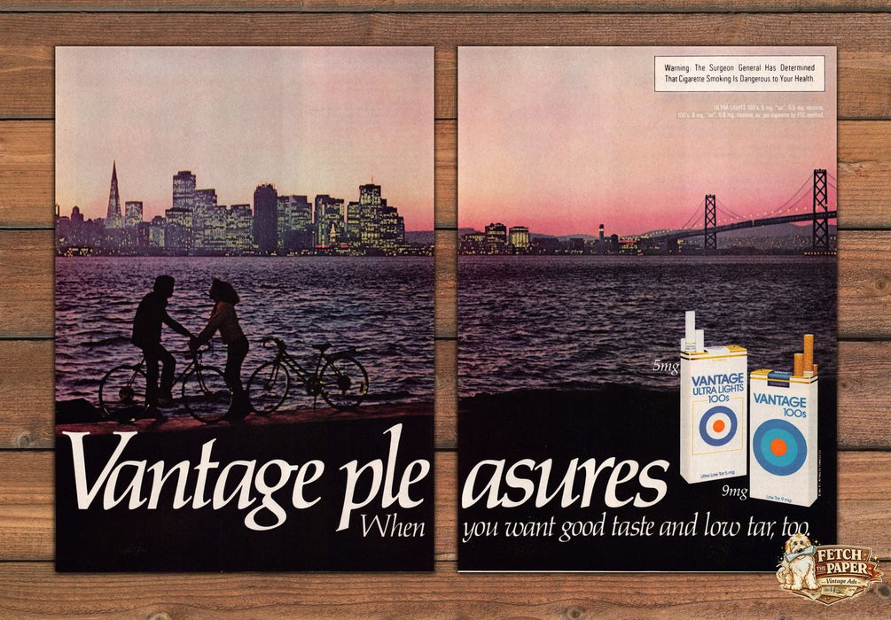 Vantage Ultra Pleasures 1980s Print Ad 1981 San Francisco Skyline Bridge