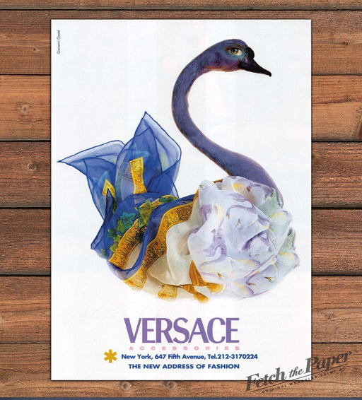 Versace Accessories Silk Scarves Swan Whimsical Fashion Print Ad 1997 1990s