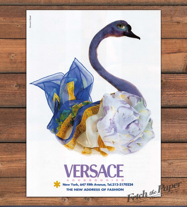 Versace Accessories Silk Scarves Swan Whimsical Fashion Print Ad 1997 1990s