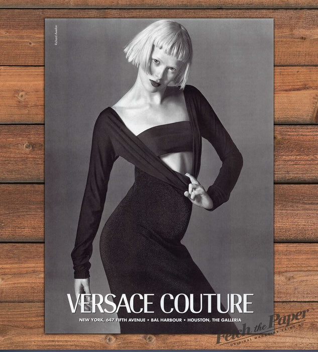 Versace Couture Platinum Bob Model Black Dress Cutout Print Ad 1997 1990s