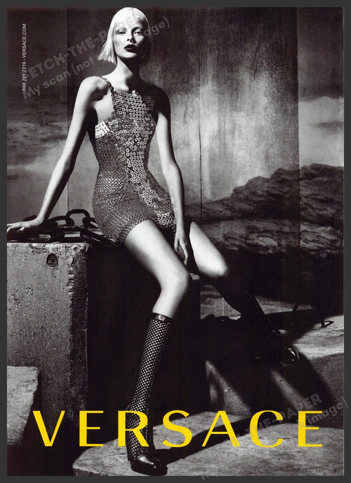 Versace Fashion 2010s Print Advertisement 2012 Waif Block Fishnet Legs Grayscale Fetch-the-Paper