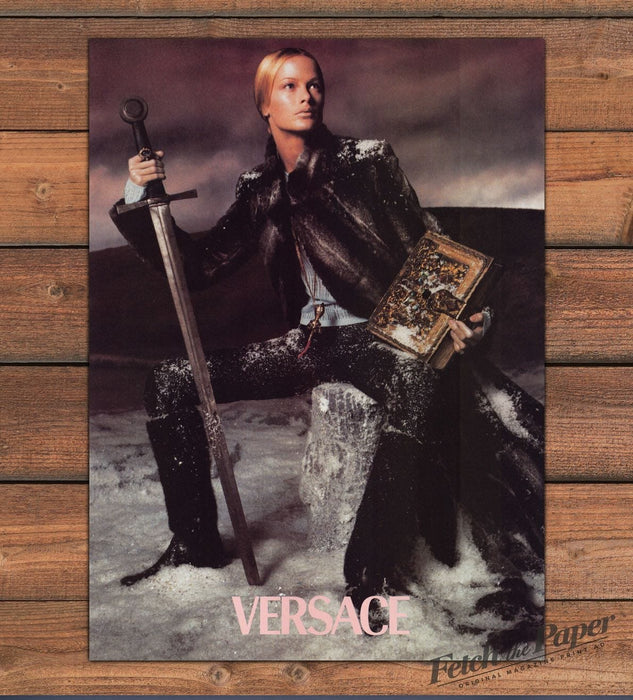 Versace Model Knight Sword Fur Coat Ornate Book Print Ad 1998 1990s