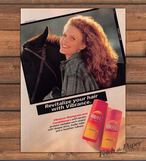 Vibrance Shampoo Conditioner Helene Curtis Redhead Horse Print Ad 1993 1990s