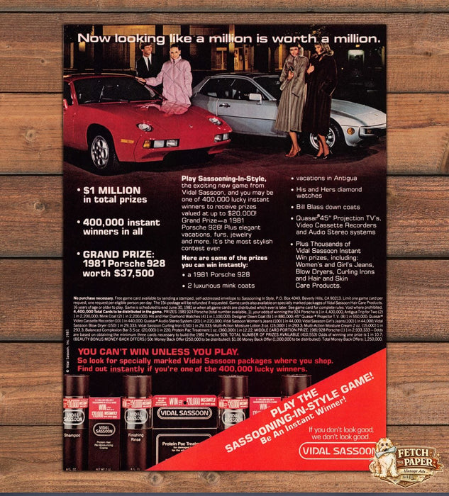 Vidal Sassoon Sassooning In Style Porsche 928 Contest Print Ad 1981 1980s