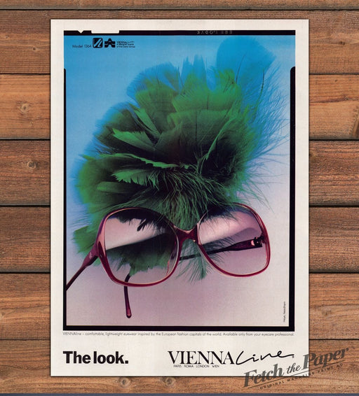 VIENNAline Sunglasses The Look Green Feathers Print Ad 1986 1980s