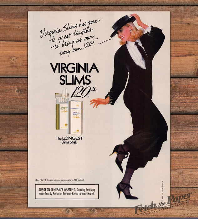Virginia Slims 120s Longest Cigarette Black Hat Fashion Print Ad 1986 1980s