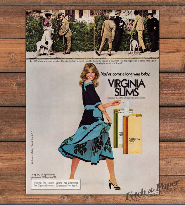 Virginia Slims 1903 Then Now Dog Walking Comparison Print Ad 1977 1970s