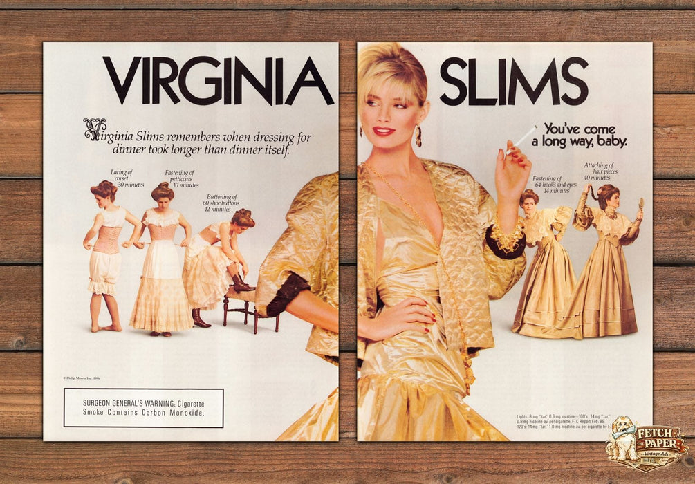 Virginia Slims Cigarettes 1980s Print Advertisement (2 Pages) 1987 Gold Dress