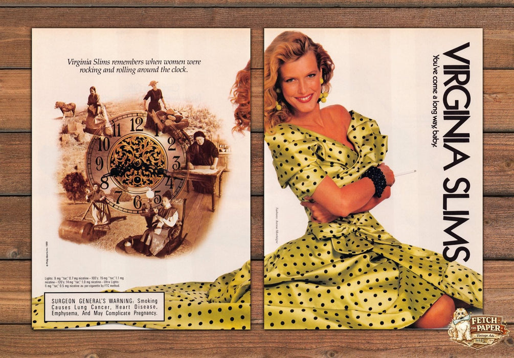 Virginia Slims Cigarettes 1980s Print Advertisement Ad (2 pgs) 1989 Around Clock