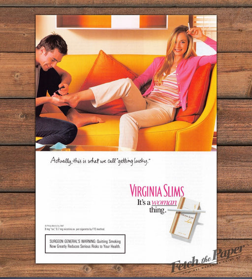 Virginia Slims Getting Lucky Man Painting Woman's Toenails Print Ad 1997 1990s