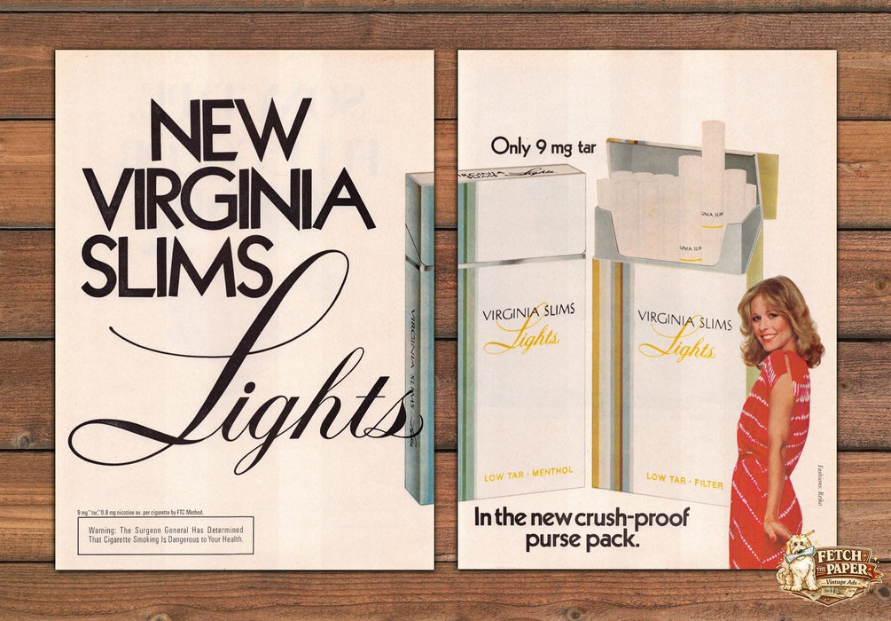 Virginia Slims Lights Crush Proof Purse Pack Woman Print Ad 1979 1970s (2pgs)
