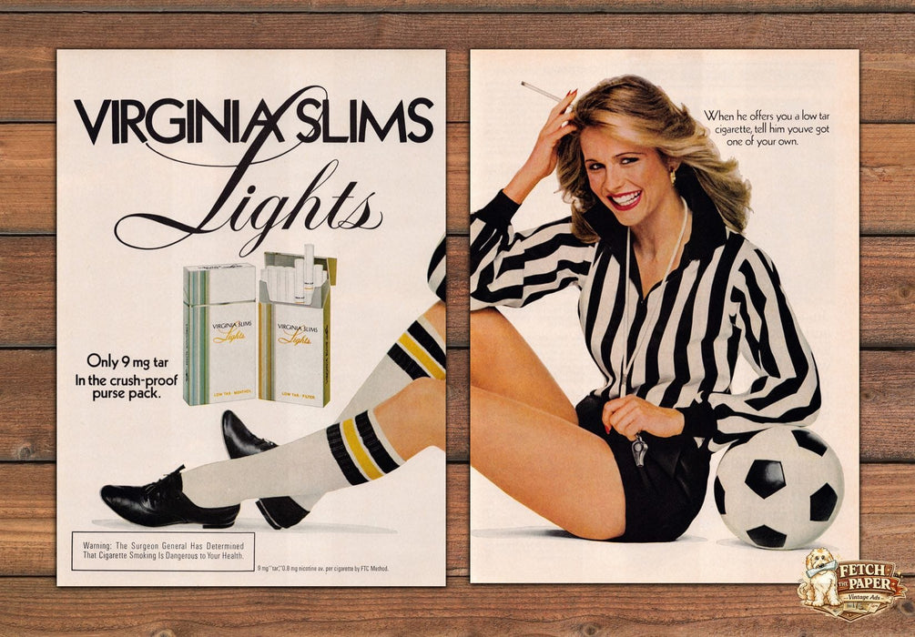 Virginia Slims Lights Referee Soccer Ball Woman Print Ad 1980 1980s (2pgs)
