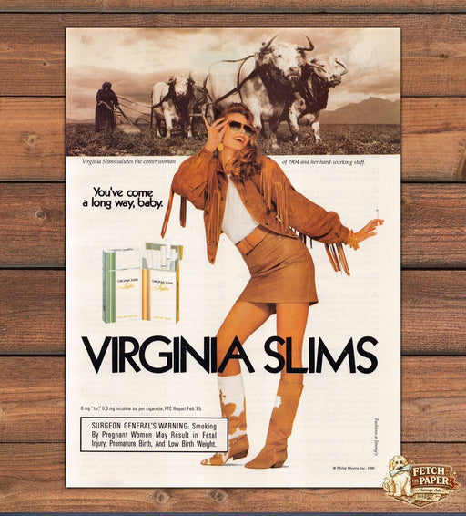 Virginia Slims You've Come a Long Way Baby Fringe Cowgirl Print Ad 1988 1980s