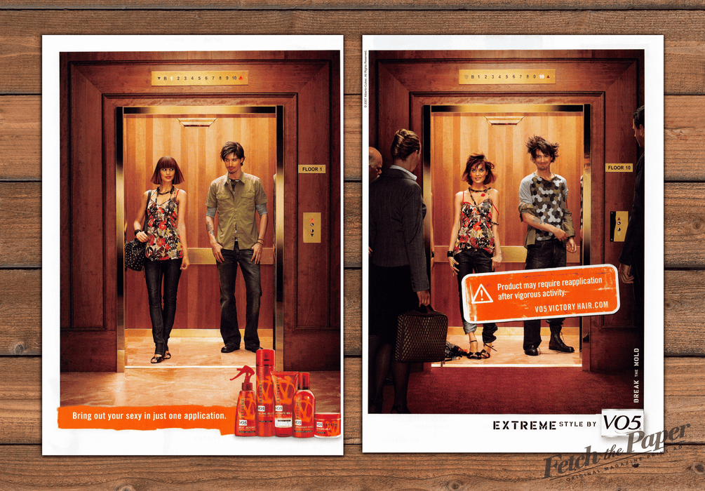 VO5 Extreme Style Elevator Makeout Session Couple Print Ad 2008 2000s (2pgs)
