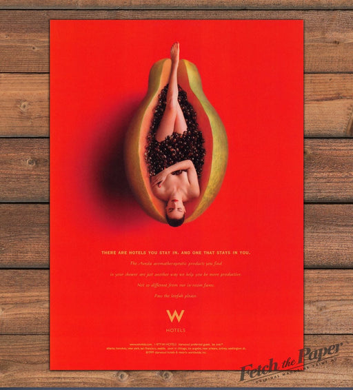 W Hotels Papaya Woman Bare Shoulders Aveda Pass the Loofah Print Ad 1999 1990s