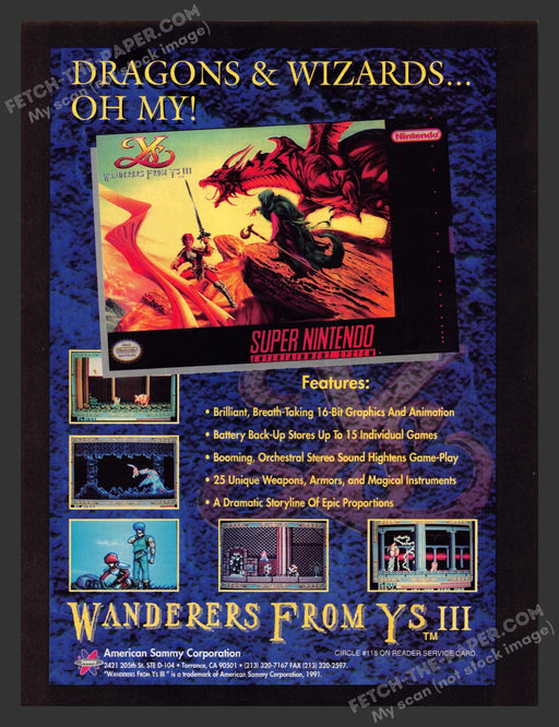 Wanderers From YS III Video Game 1990s Print Advertisement Ad