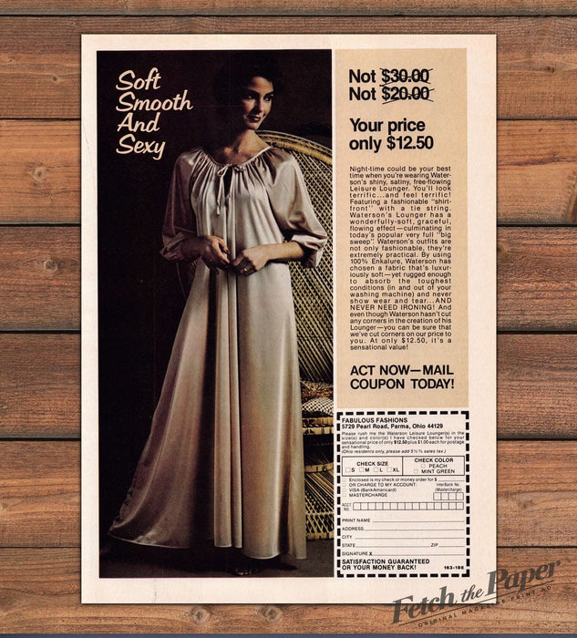 Waterson Leisure Lounger Satin Nightgown Wicker Chair Print Ad 1980 1980s