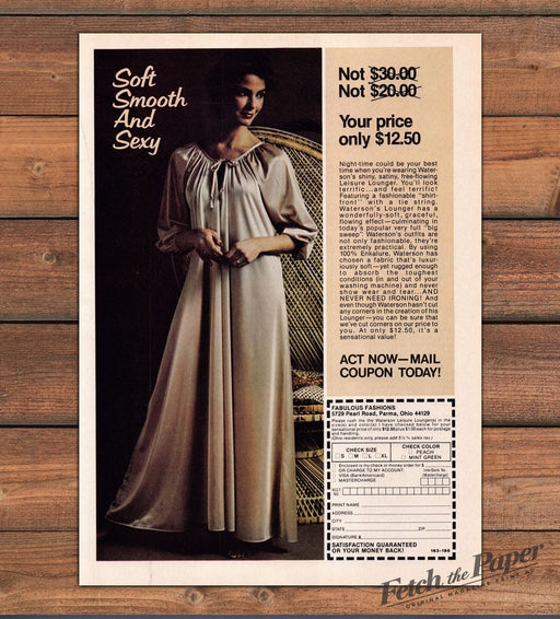 Waterson Leisure Lounger Satin Nightgown Wicker Chair Print Ad 1980 1980s