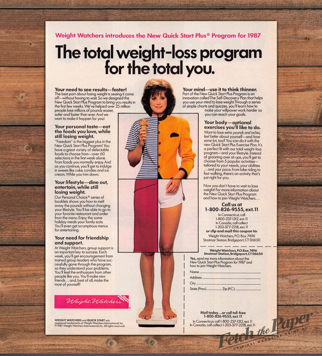 Weight Watchers Quick Start Woman Bare Legs Scale Ice Cream Print Ad 1987 1980s