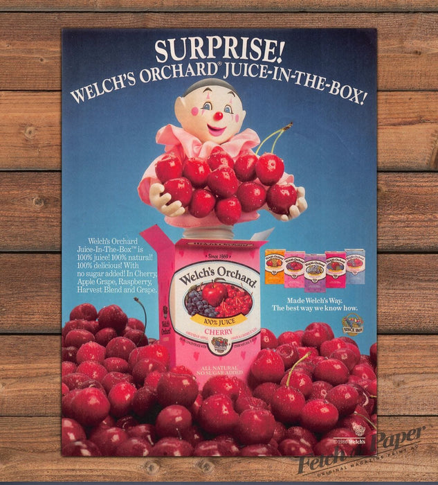 Welch’s Orchard Juice Box Clown Cherries Surprise Print Ad 1986 1980s
