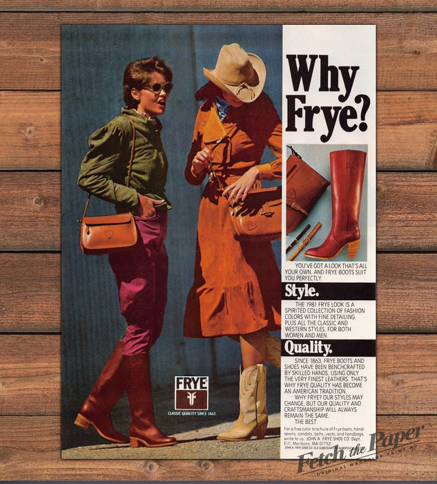 Why Frye Boots Cowboy Hat Fringe Handbags Western Leather Print Ad 1981 1980s