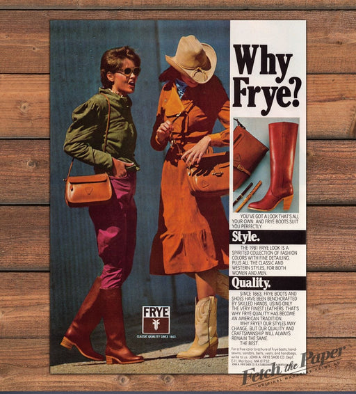 Why Frye Boots Cowboy Hat Fringe Handbags Western Leather Print Ad 1981 1980s
