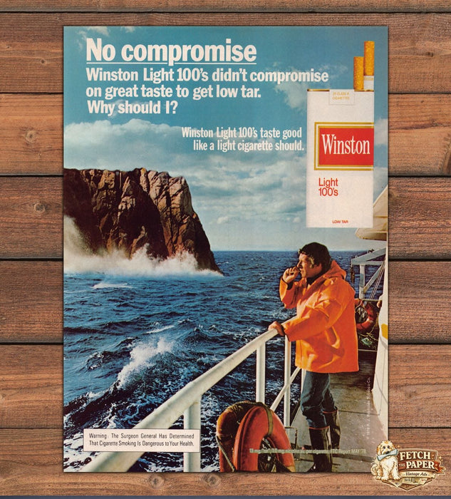 Winston Light 100s Cigarettes Fisherman Ocean Cliffs Boat Print Ad 1979 1970s