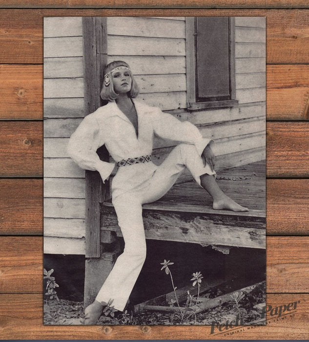 Woman White Headband Barefoot Porch Railing Leg Up Magazine Photo 1968 1960s