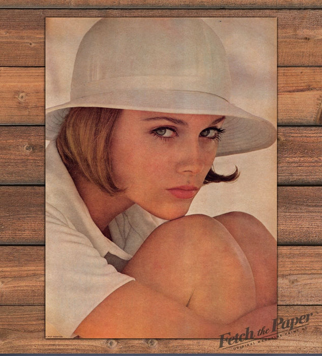 Woman White Sun Hat Bare Shoulder Chin On Knee Magazine Photo 1968 1960s