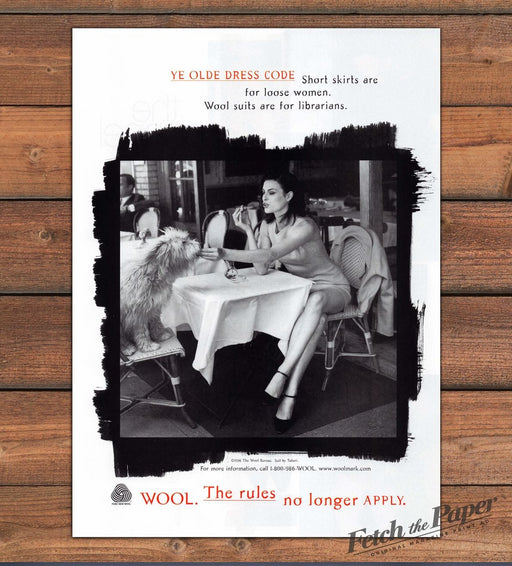 Wool Bureau "The rules no longer apply" Chic Cafe Dog Legs Print Ad 1997 1990s