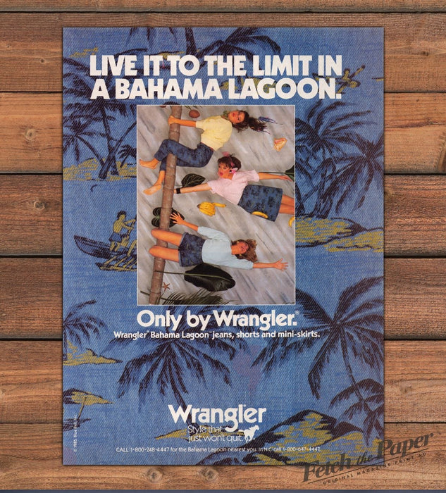 Wrangler Bahama Lagoon Palm Print Jeans Shorts Girls Print Ad 1985 1980s
