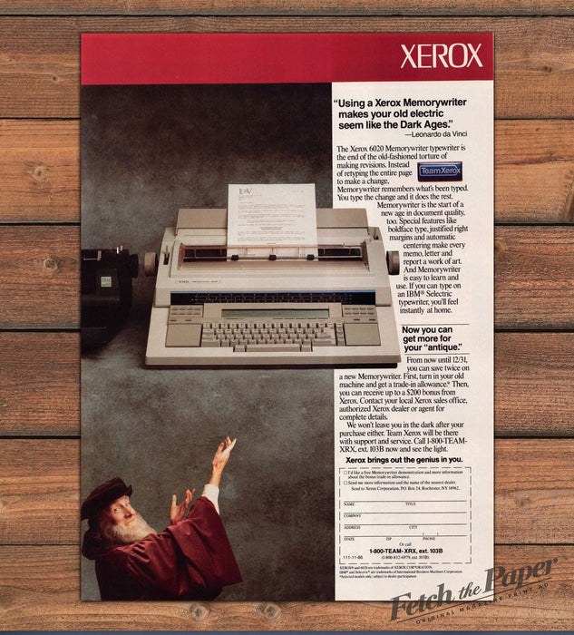Xerox Memorywriter Typewriter Leonardo da Vinci Quote Office Print Ad 1986 1980s