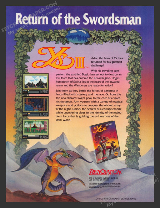 YS III: Return of the Swordsman Video Game 1990s Print Advertisement Ad 1991