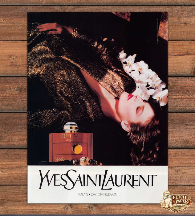 Yves Saint Laurent Opium Perfume Gold Jacket Orchids Print Ad 1988 1980s