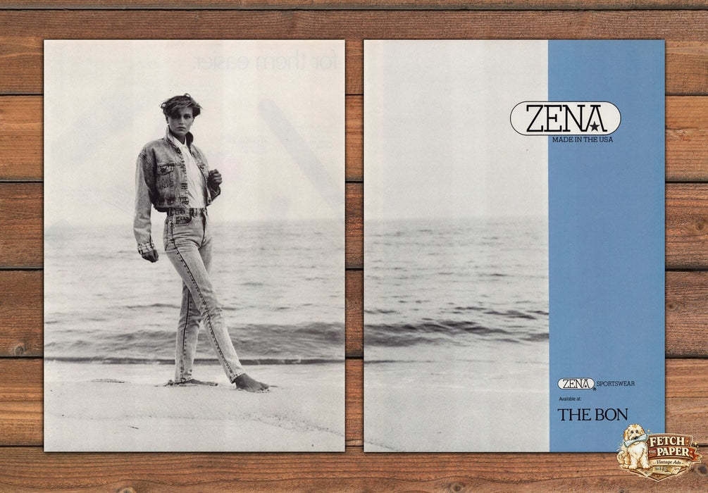 Zena Sportswear Acid Wash Denim Jacket Jeans Barefoot Print Ad 1988 1980s (2pgs)