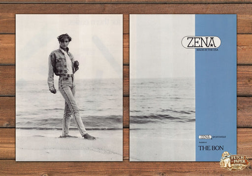 Zena Sportswear Acid Wash Denim Jacket Jeans Barefoot Print Ad 1988 1980s (2pgs)